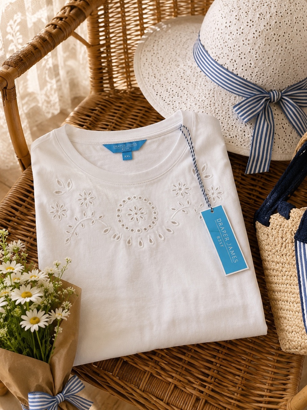 Draper James White Short Sleeve Tee with Eyelet Floral Embroidery